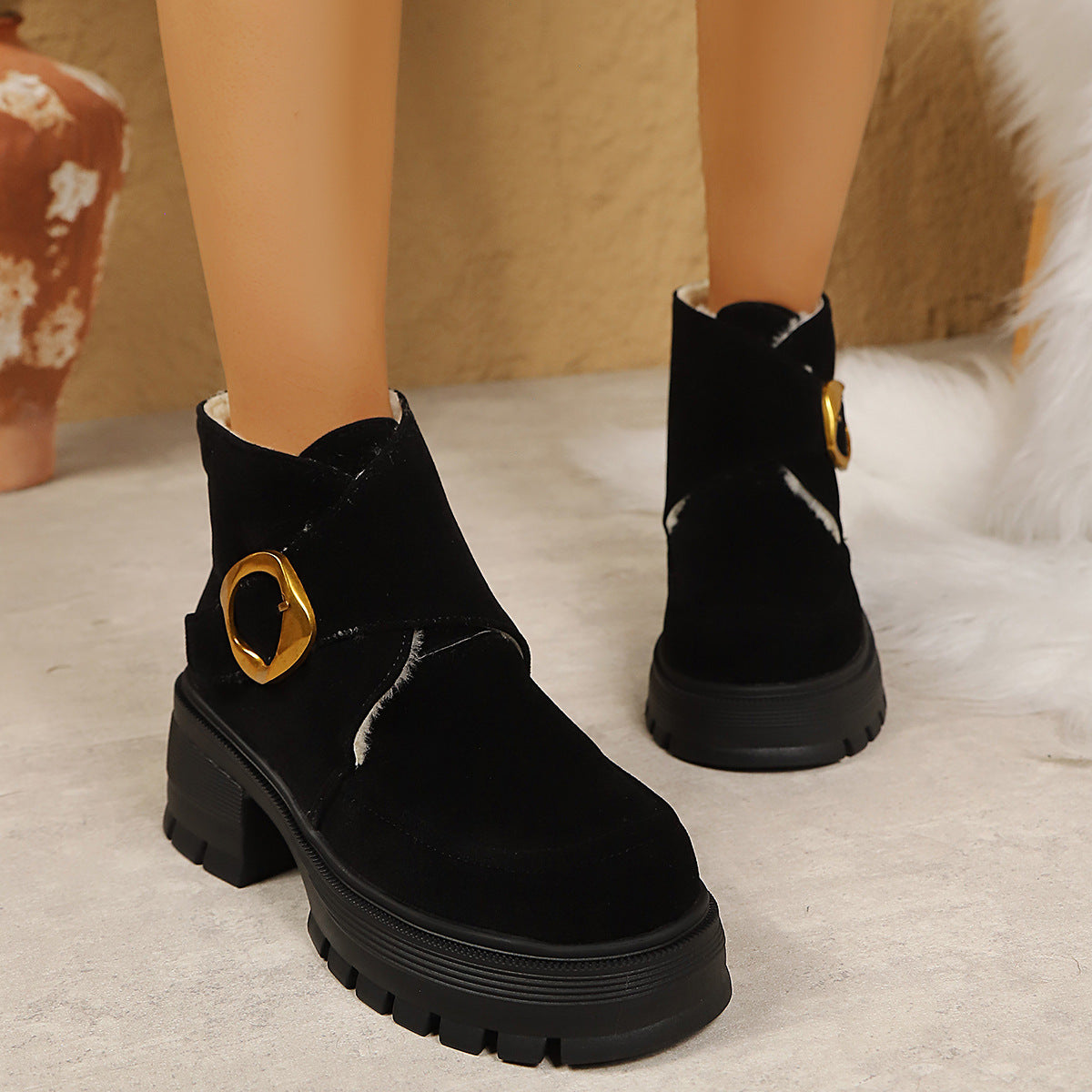 Botas altas con tacón grueso y hebilla de cinturón, de ante sintético, tacón alto, suela gruesa, botas de invierno para mujer hechas a medida, se envían en 7 días