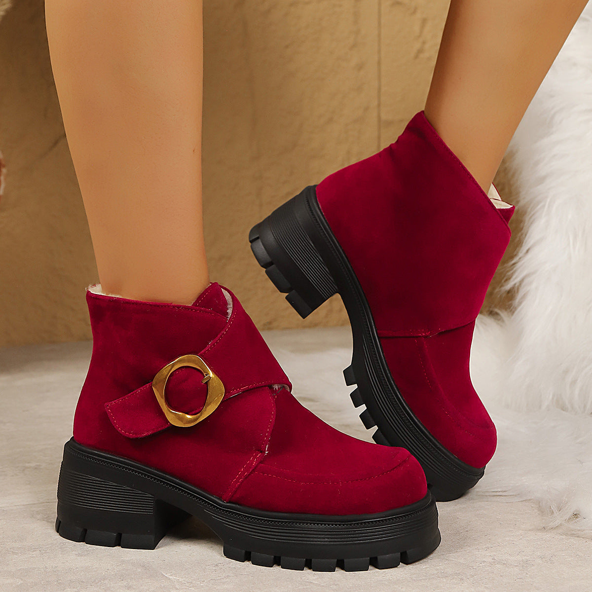 Botas altas con tacón grueso y hebilla de cinturón, de ante sintético, tacón alto, suela gruesa, botas de invierno para mujer hechas a medida, se envían en 7 días