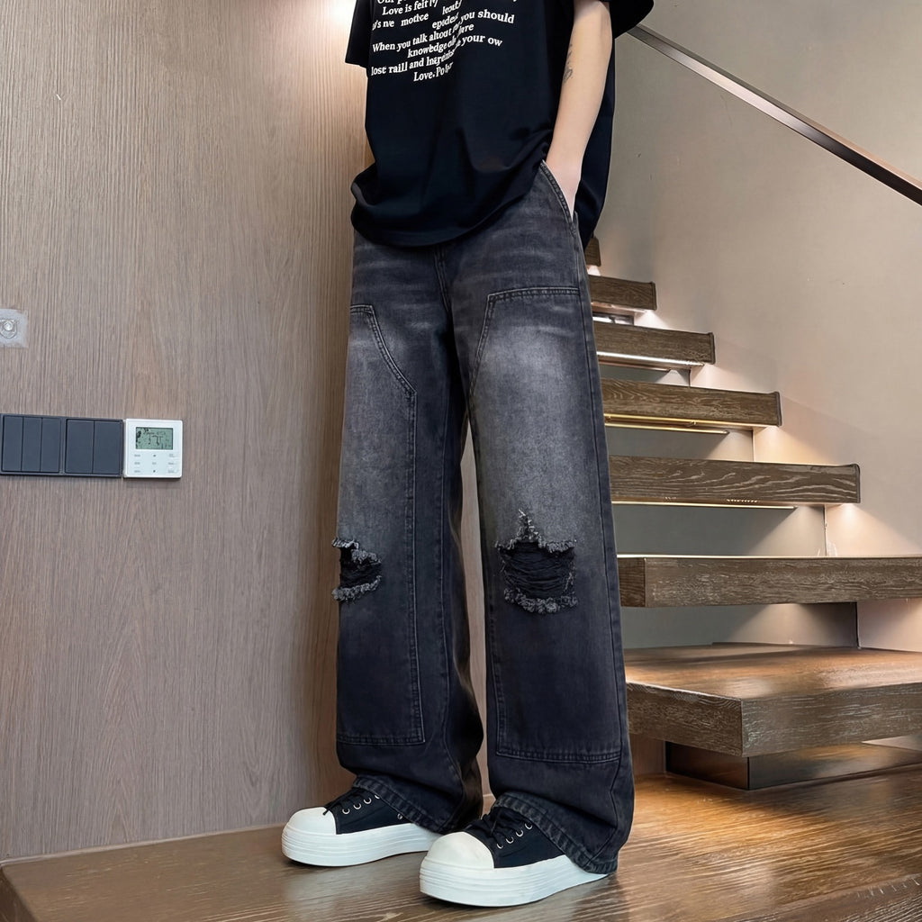 Pantalones Vaqueros Rotos Hombre Diseño Lavado Corte Limpio Pierna Recta Pierna Ancha Pantalones Largos