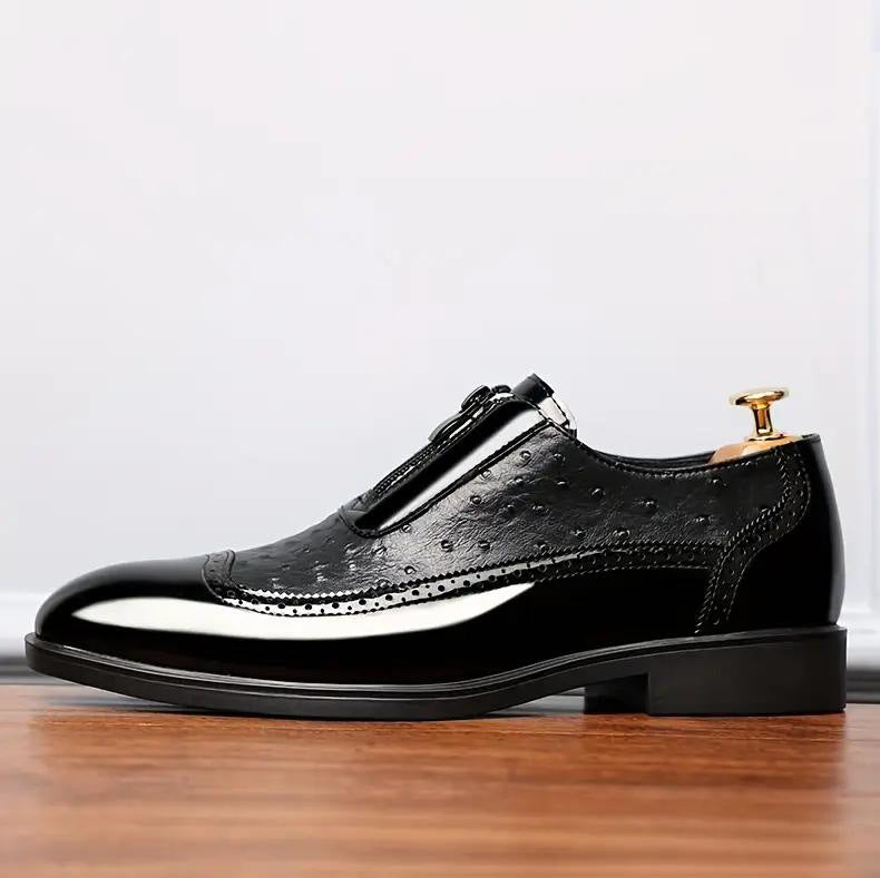 Embossed zipper pointed men's shiny leather Chelsea boots