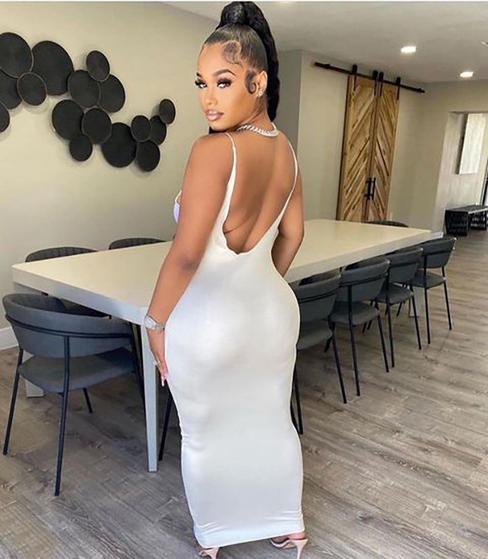 Fashion Sexy Printed Backless Strap Long Dress for Women