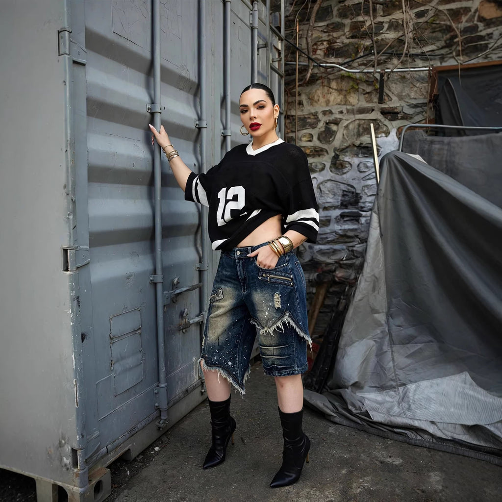 Street Style Asymmetric Frayed Hem Five...