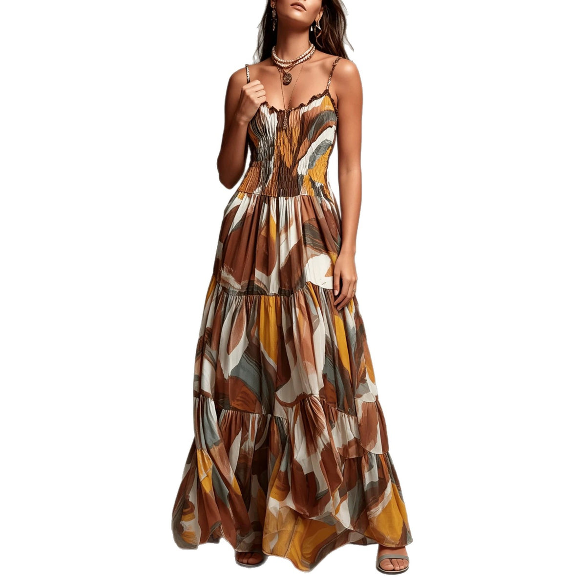Vestido con pliegues en la cintura, tirantes finos y bolsillos