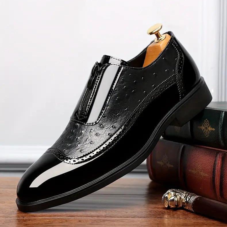 Embossed zipper pointed men's shiny leather Chelsea boots