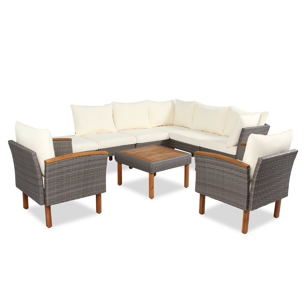 9-piece Patio rattan furniture set with Acacia...