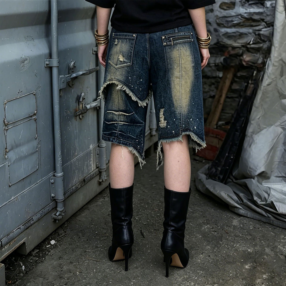 Street Style Asymmetric Frayed Hem Five...
