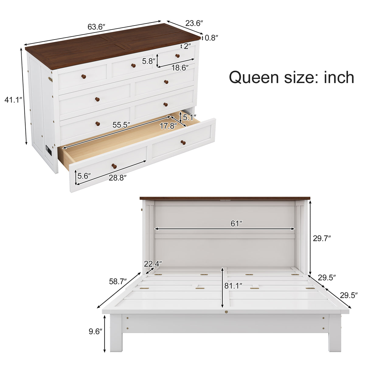 Solid Pine Murphy Bed Chest with Charging...