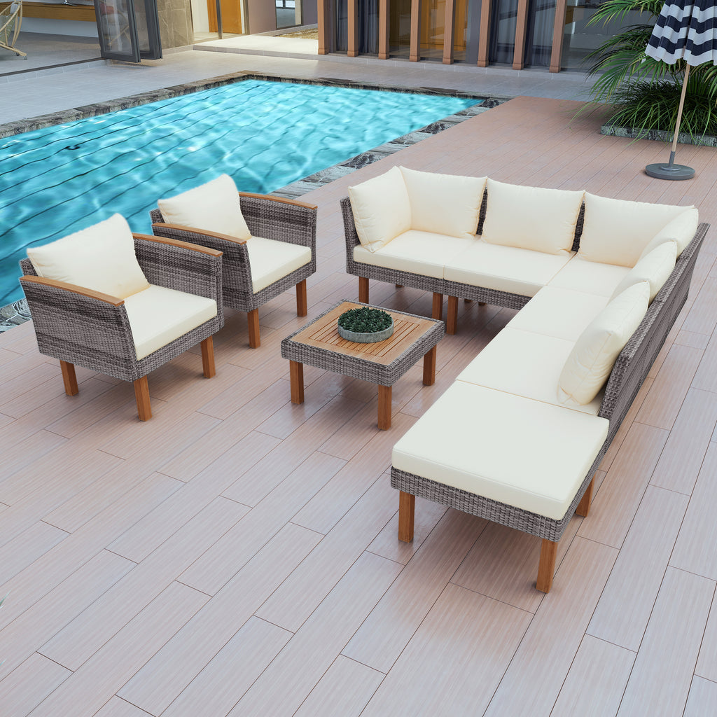 9-piece Patio rattan furniture set with Acacia...