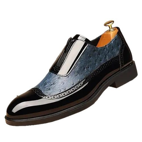 Embossed zipper pointed men's shiny leather Chelsea men's single shoes