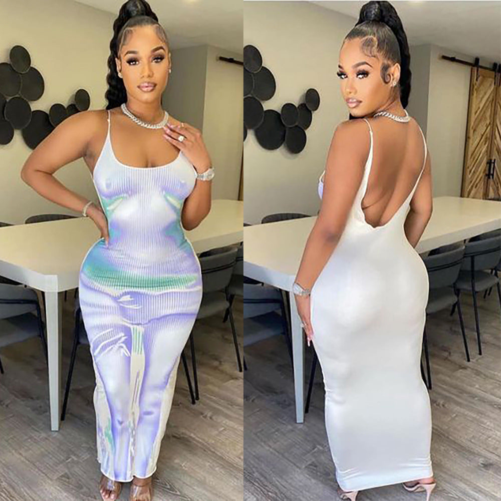 Backless Printed Strap Long Dress
