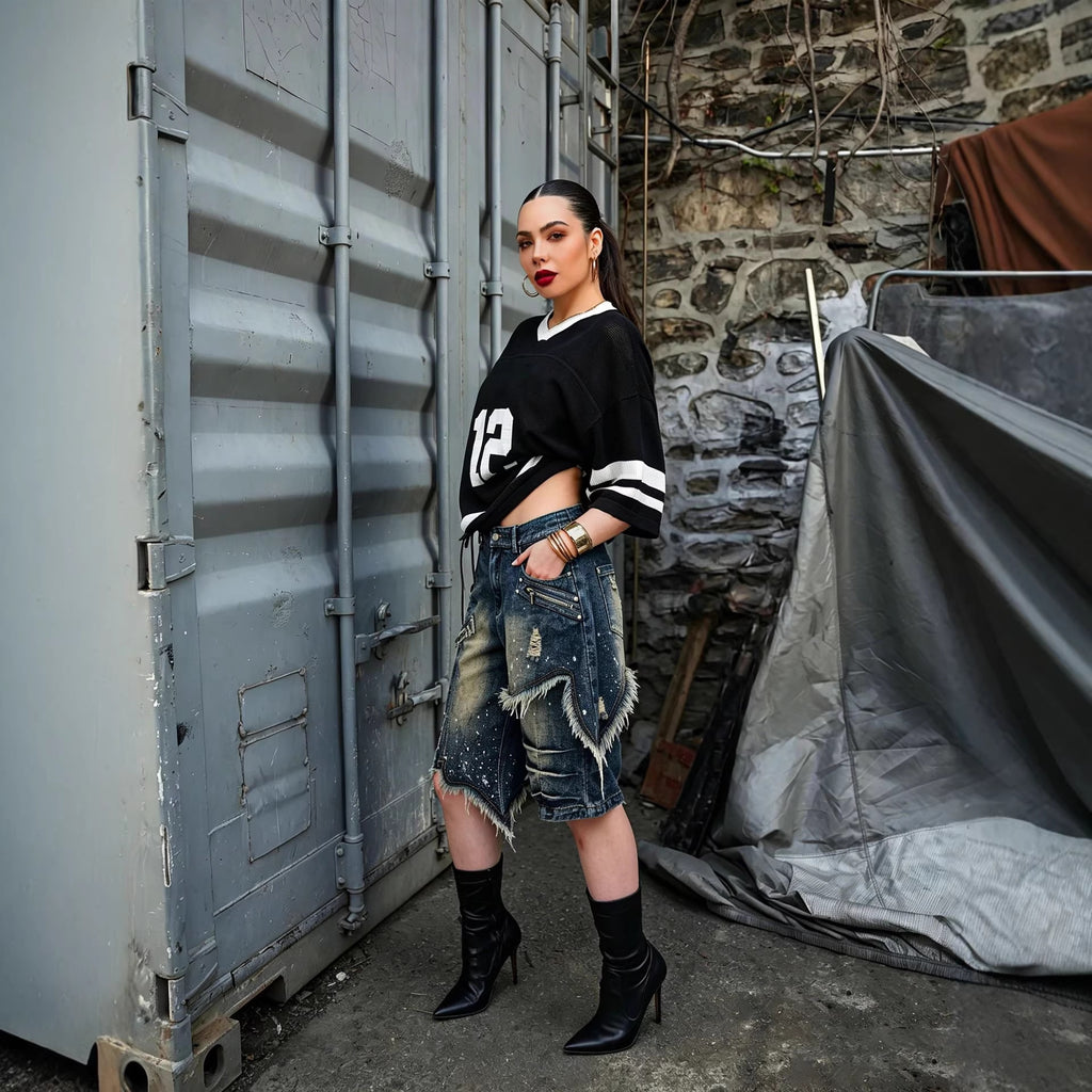 Street Style Asymmetric Frayed Hem Five...