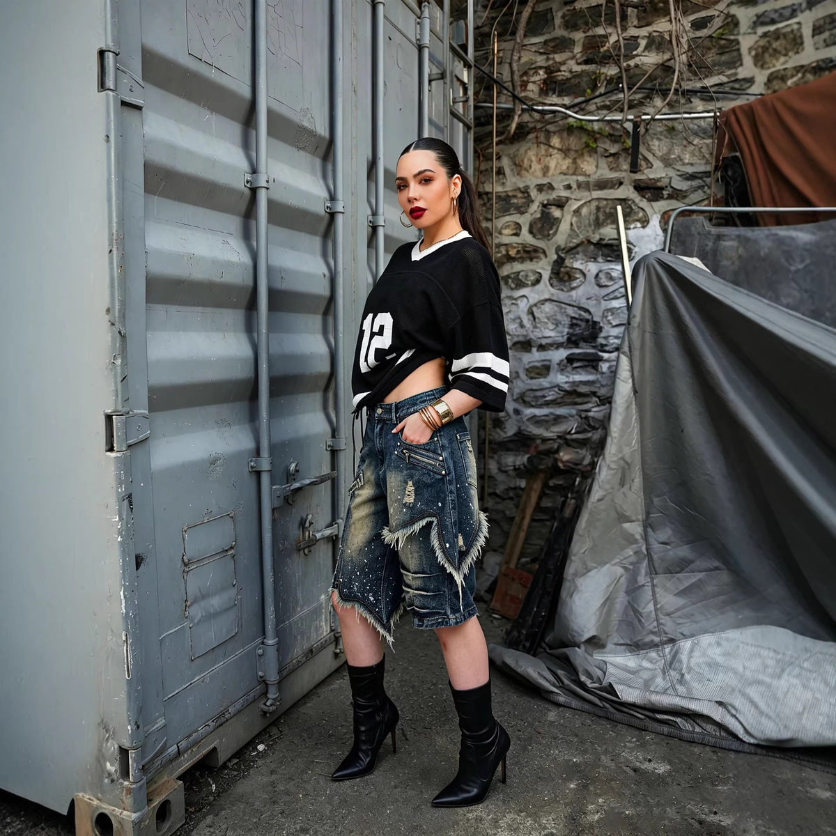 Street Style Asymmetric Frayed Hem Five...