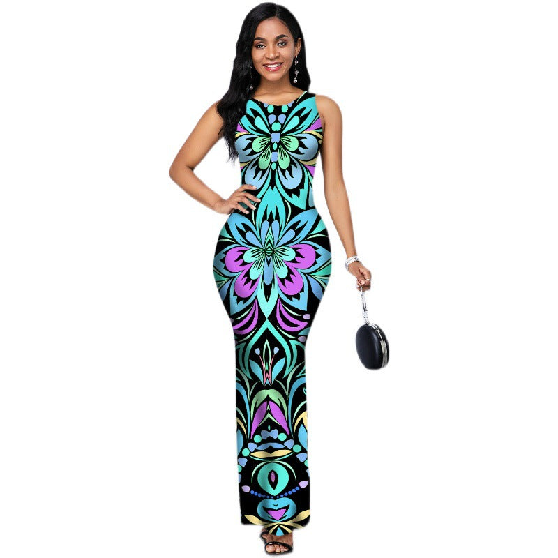 Robe longue sans manches à col rond avec fentes latérales