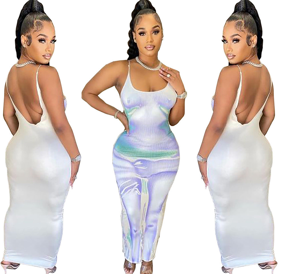 Fashion Sexy Printed Backless Strap Long Dress for Women
