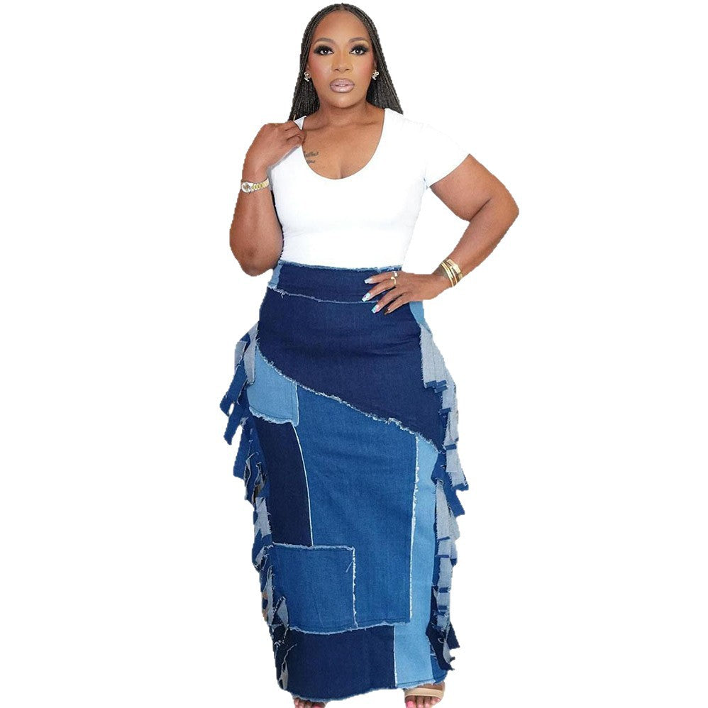 Falda midi de mezclilla de estilo occidental para mujer, moda, lavado, bloques de color, flecos, cintura alta