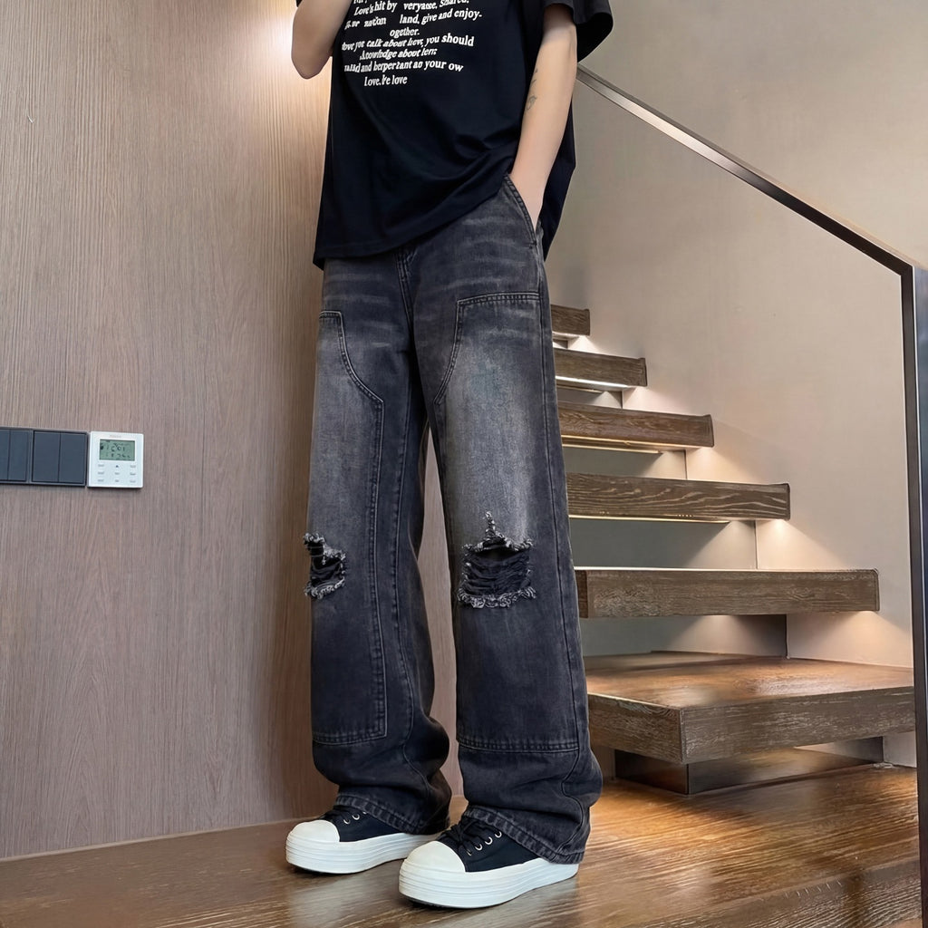 Pantalones Vaqueros Rotos Hombre Diseño Lavado Corte Limpio Pierna Recta Pierna Ancha Pantalones Largos