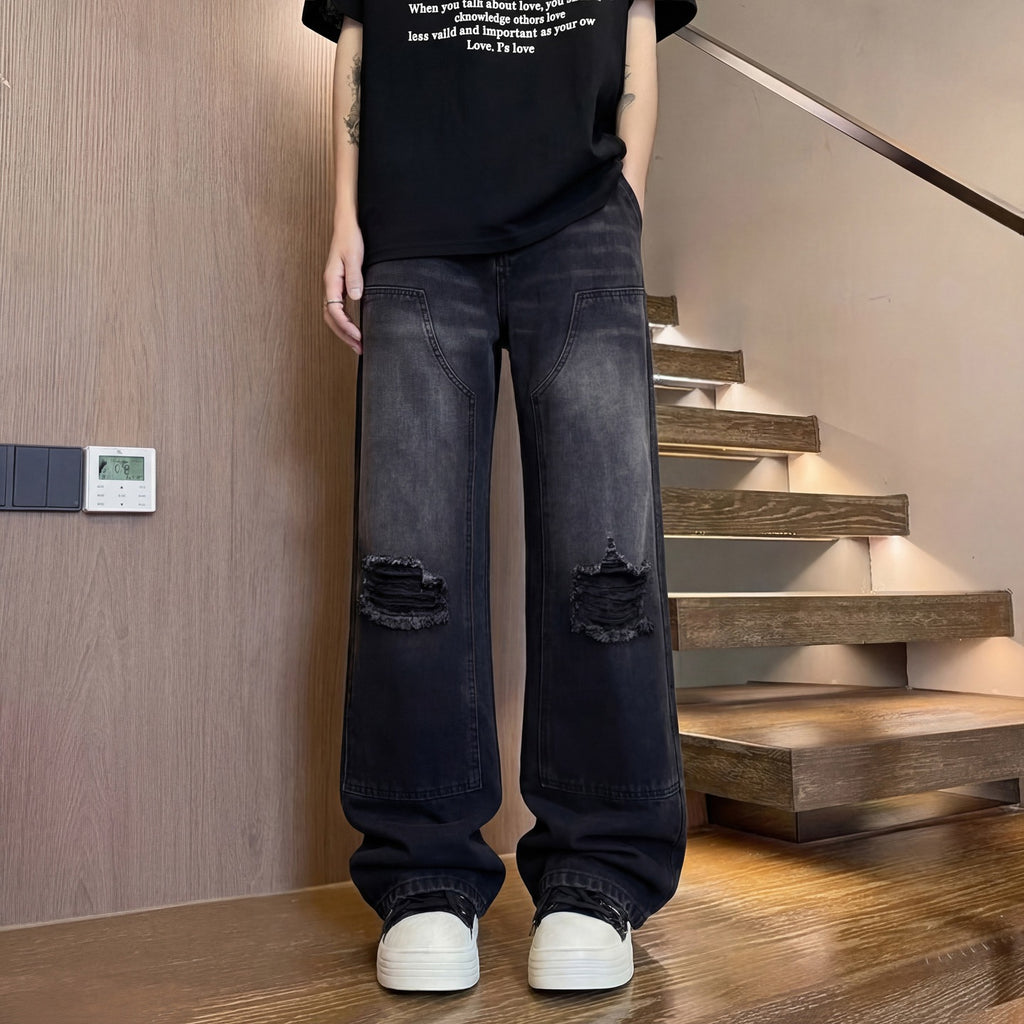 Pantalones Vaqueros Rotos Hombre Diseño Lavado Corte Limpio Pierna Recta Pierna Ancha Pantalones Largos