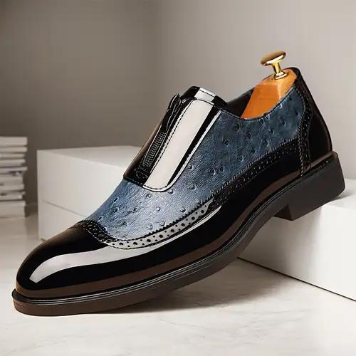 Embossed zipper pointed men's shiny leather Chelsea boots