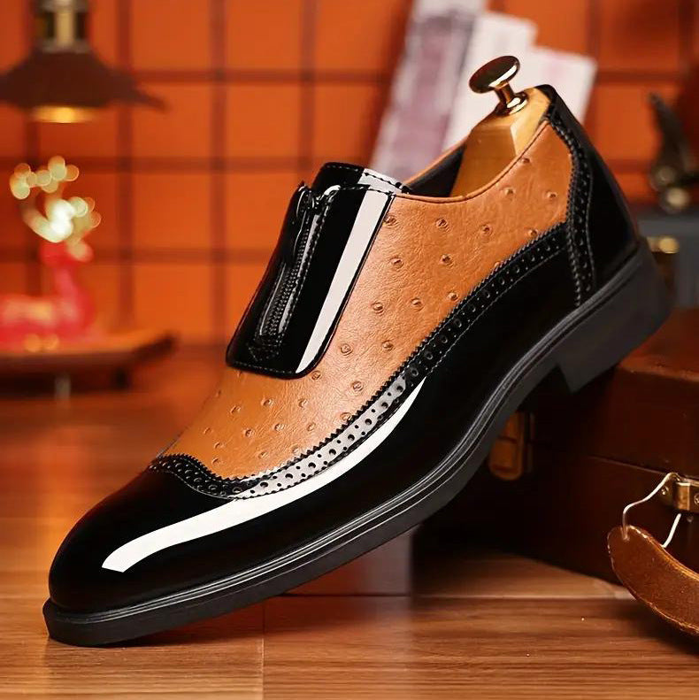 Embossed zipper pointed men's shiny leather Chelsea boots