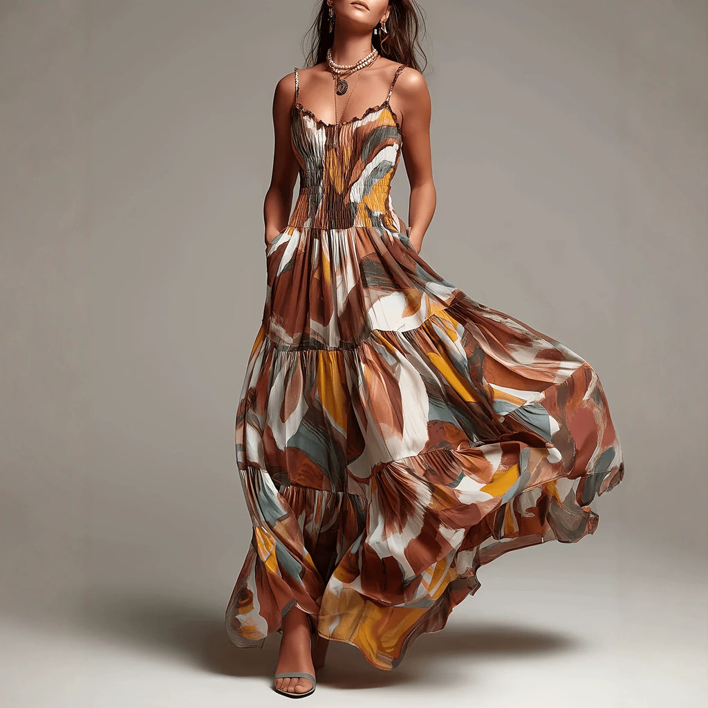 Vestido con pliegues en la cintura, tirantes finos y bolsillos