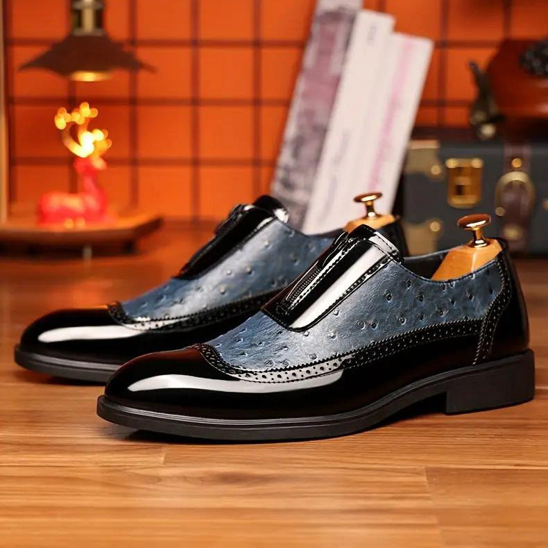Embossed zipper pointed men's shiny leather Chelsea boots