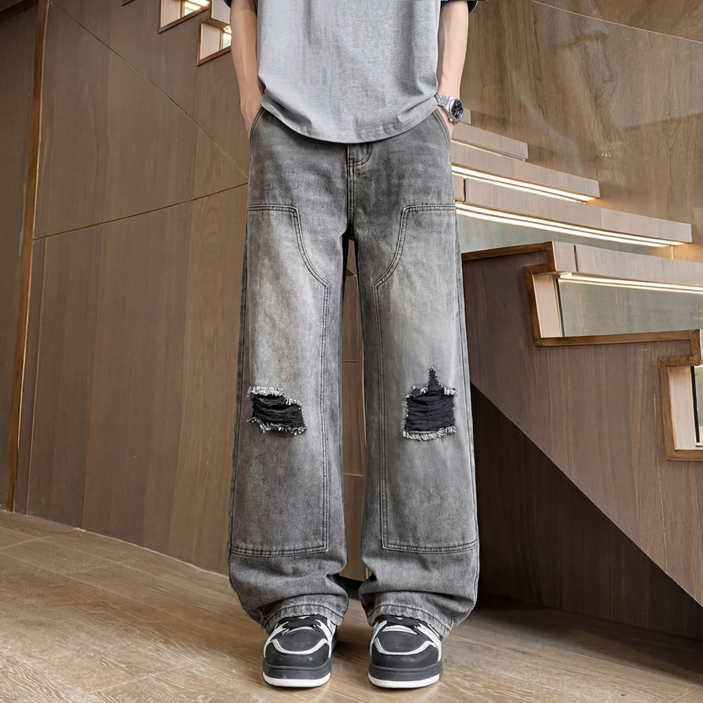 Pantalones Vaqueros Rotos Hombre Diseño Lavado Corte Limpio Pierna Recta Pierna Ancha Pantalones Largos